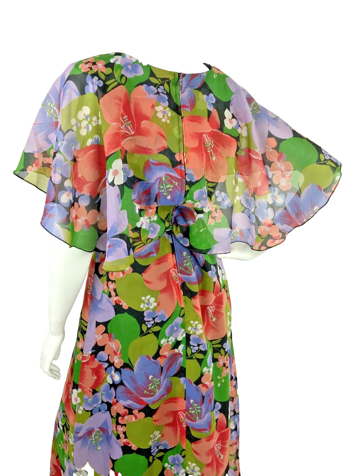 VINTAGE 60s 70s FLORAL MAXI SUMMER DRESS CAPE SLEEVE BLACK GREEN PURPLE PINK 10