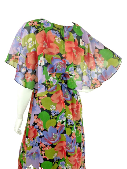 VINTAGE 60s 70s FLORAL MAXI SUMMER DRESS CAPE SLEEVE BLACK GREEN PURPLE PINK 10
