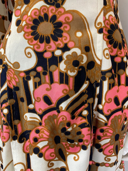 VINTAGE 60s 70s WHITE GOLD BLUE PSYCHEDELIC FLORAL MOD WING COLLAR SHIRT DRESS 8