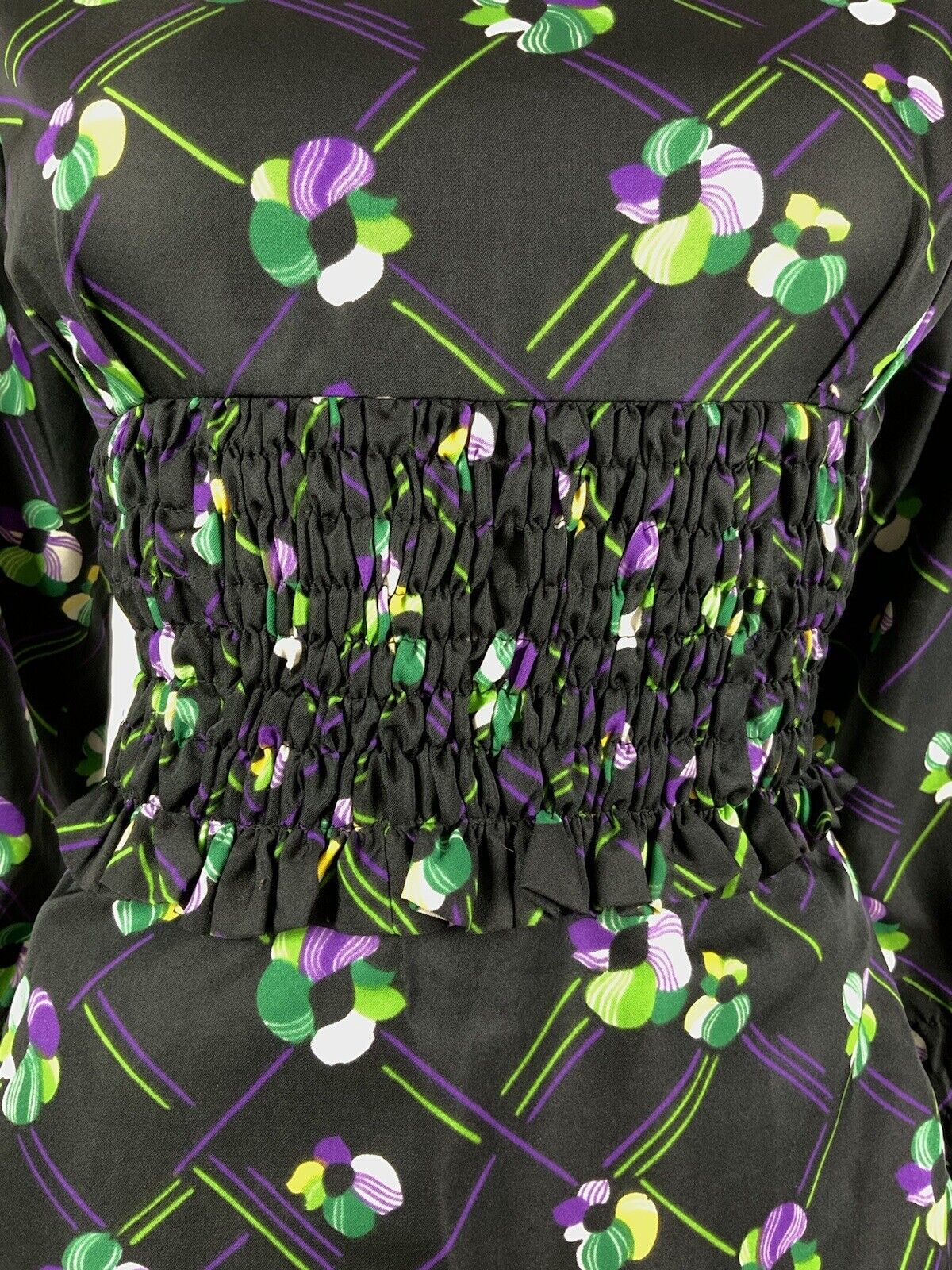 VINTAGE 60s 70s BLACK PURPLE GREEN CHECKED FLORAL SHIRRED SWEETHEART DRESS 10