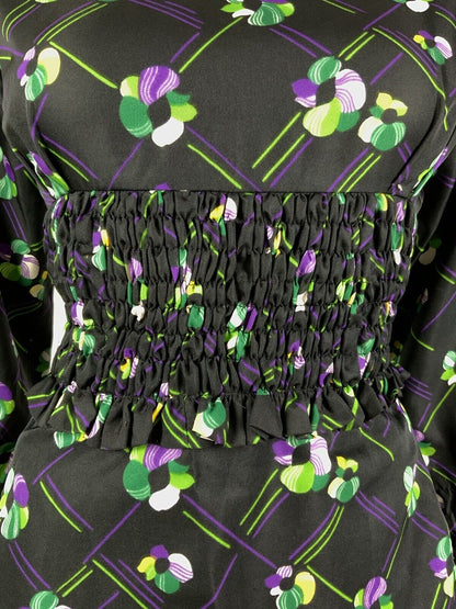 VINTAGE 60s 70s BLACK PURPLE GREEN CHECKED FLORAL SHIRRED SWEETHEART DRESS 10