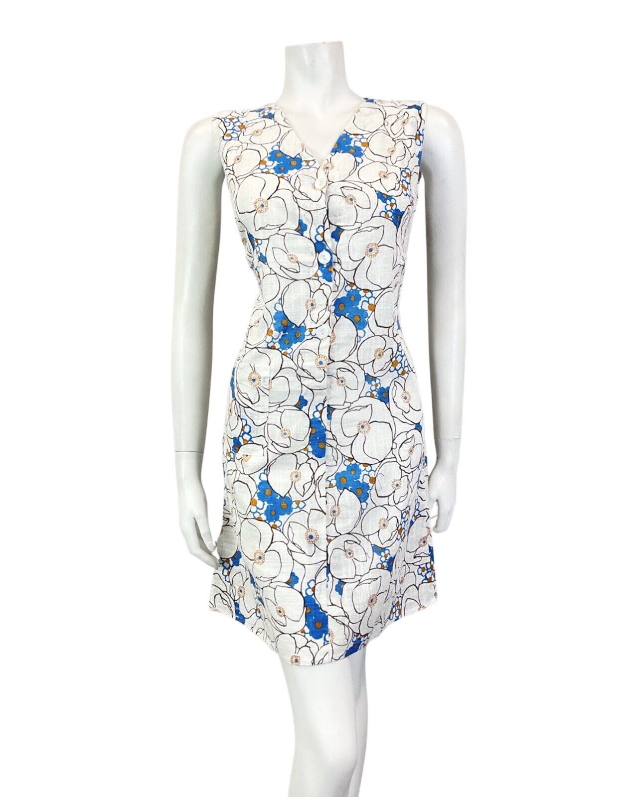 VINTAGE 60s 70s CREAM BLUE BLACK FLORAL PSYCHEDELIC MOD SLEEVELESS DRESS 8 10