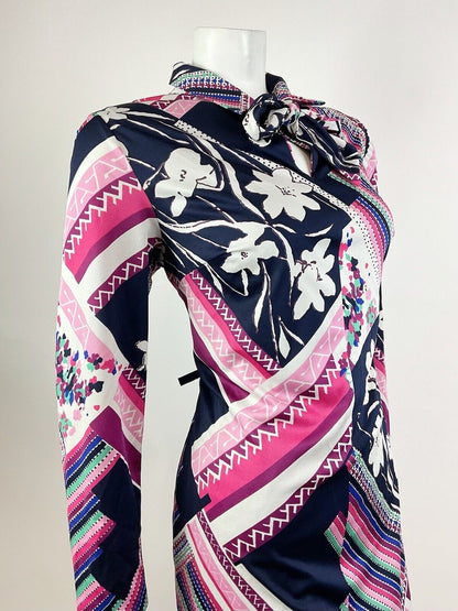 VINTAGE 60s 70s BLUE PINK WHITE PSYCHEDELIC STRIPED FLORAL BOW SHIRT DRESS 14 16