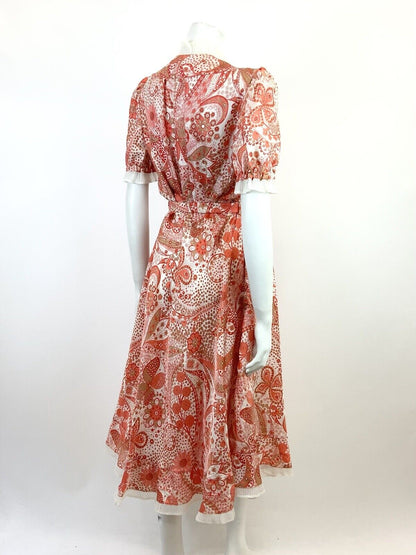 VTG 60s 70s RED WHITE ORANGE PSYCHEDELIC FLORAL DAISY RUFFLE SWING DRESS 14 16