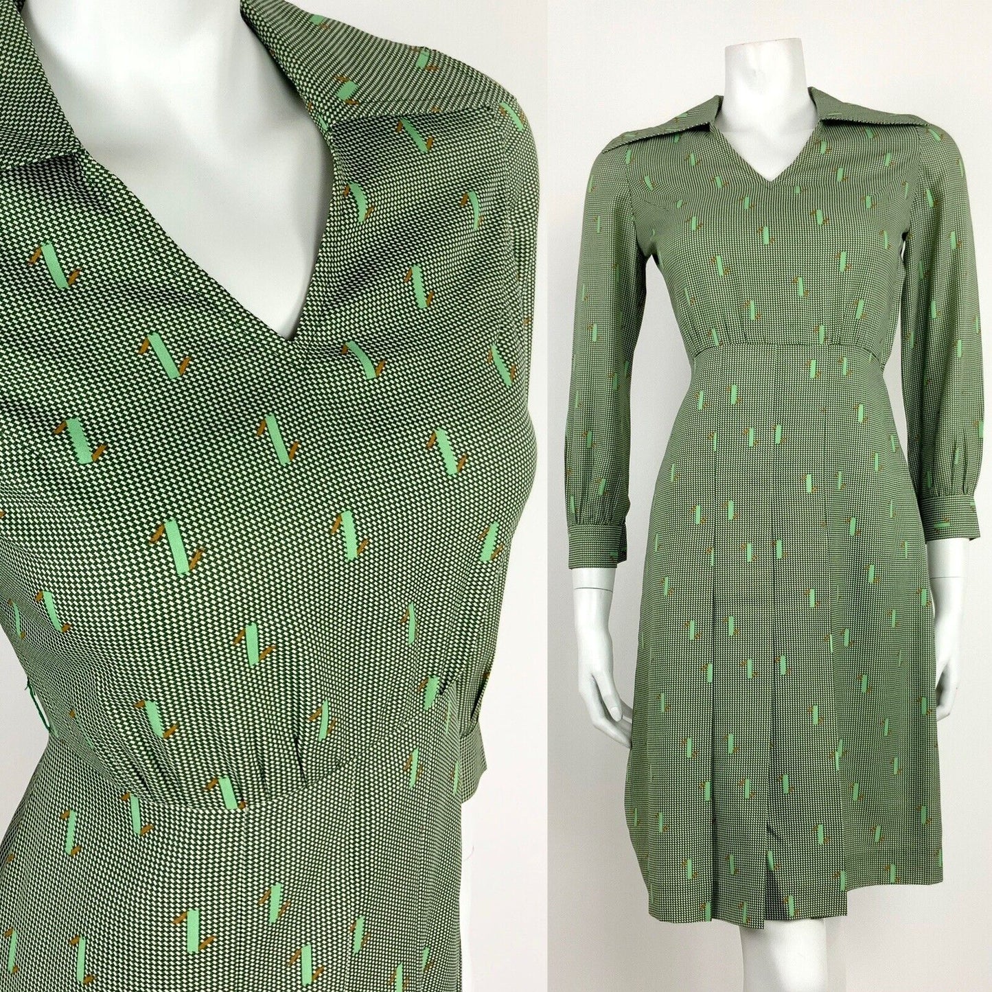 VINTAGE 60s 70s GREEN WHITE BROWN HOUNDSTOOTH GEOMETRIC WING COLLAR DRESS 10