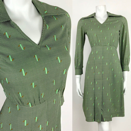 VINTAGE 60s 70s GREEN WHITE BROWN HOUNDSTOOTH GEOMETRIC WING COLLAR DRESS 10