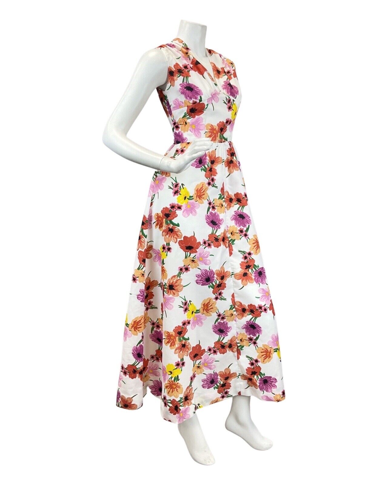 VINTAGE 60s 70s WHITE PURPLE RED FLORAL DAISY POPPY SLEEVELESS MAXI DRESS 8 10