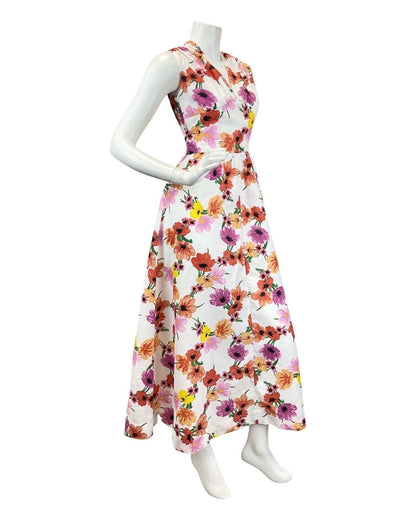 VINTAGE 60s 70s WHITE PURPLE RED FLORAL DAISY POPPY SLEEVELESS MAXI DRESS 8 10