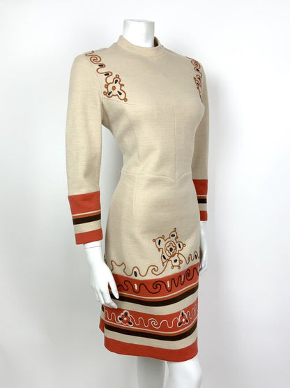 VINTAGE 60s 70s CREAM BROWN ORANGE EMBROIDERED SWIRL FLORAL DRESS 12 14