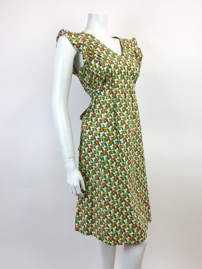 VTG 60s 70s GREEN WHITE ORANGE YELLOW FLORAL MOD SLEEVELESS SUMMER DRESS 12 14