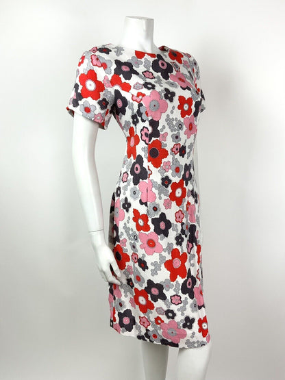 VTG 60s 70s WHITE RED PINK GREY FLORAL FLOWER POWER PSYCHEDELIC DRESS 12 14
