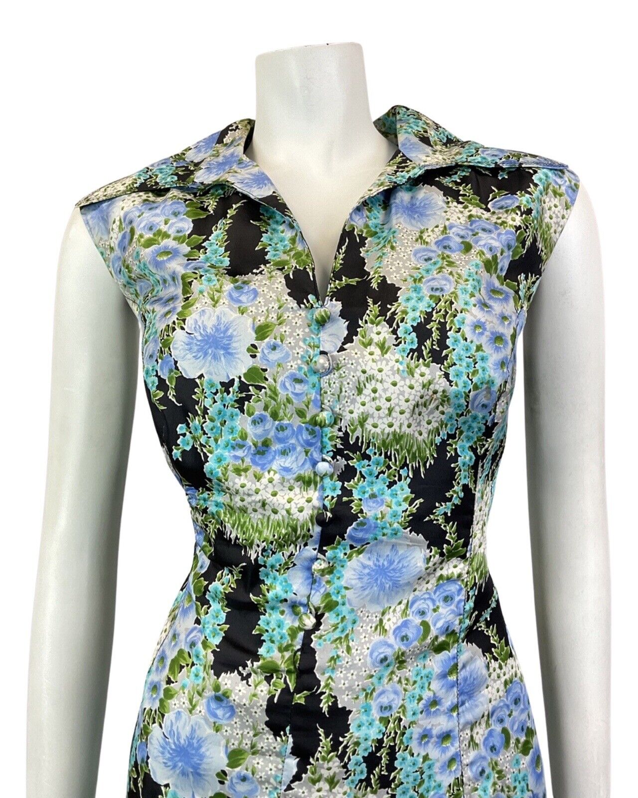 VINTAGE 60s 70s BLUE GREEN BLACK FLORAL WING COLLAR SLEEVELESS DRESS 16 18