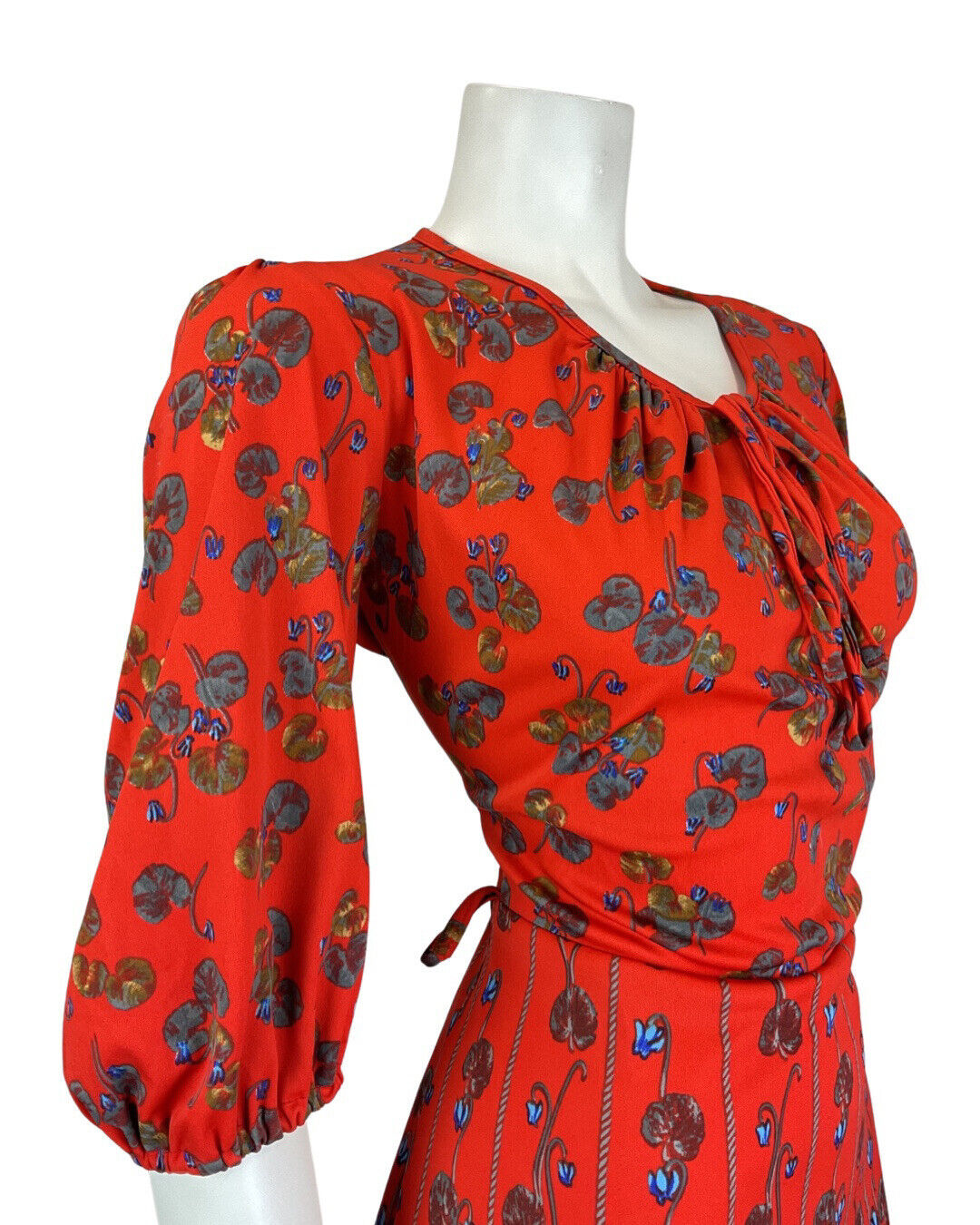 VINTAGE 60s 70s RED BLUE GREY FLORAL ROPE STRIPED LONG SLEEVE SWING DRESS 14