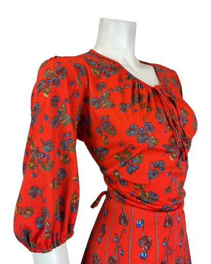 VINTAGE 60s 70s RED BLUE GREY FLORAL ROPE STRIPED LONG SLEEVE SWING DRESS 14