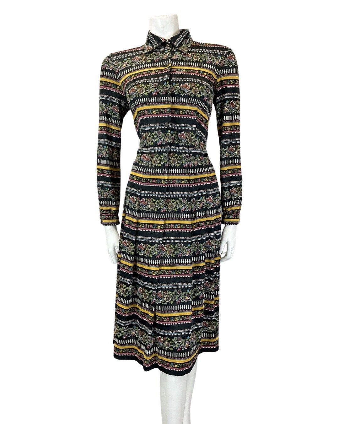 VINTAGE 60s 70s BLACK YELLOW BLUE STRIPED FLORAL MOD MIDI DAGGER SHIRT DRESS 10