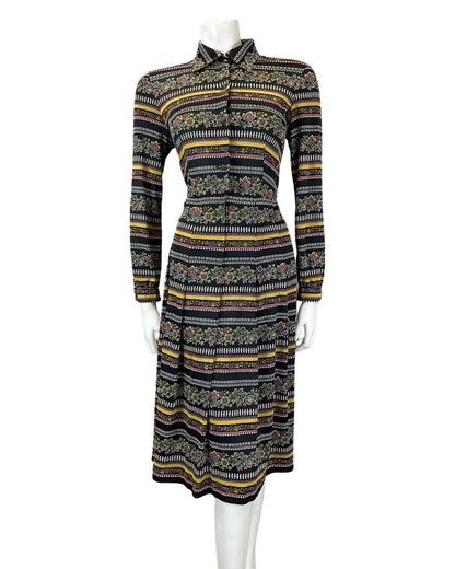VINTAGE 60s 70s BLACK YELLOW BLUE STRIPED FLORAL MOD MIDI DAGGER SHIRT DRESS 10