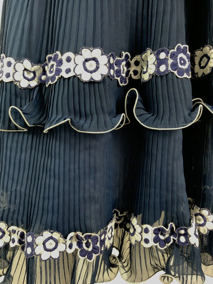 VINTAGE 60s 70s NAVY BLUE WHITE FLORAL PLEATED STRAPPY SUMMER RUFFLE DRESS 4