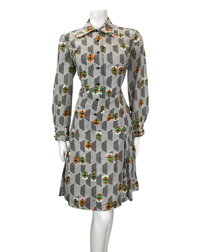 VINTAGE 60s 70s WHITE BLACK GREEN GEOMETRIC DAGGER COLLAR SHIRT DRESS 12 14