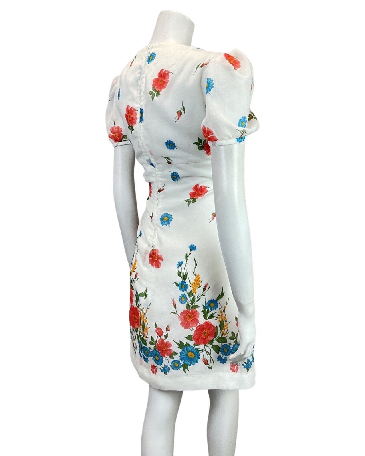 VINTAGE 60s 70s WHITE RED BLUE FLORAL GARDEN SHEER PUFF SLEEVE MOD DRESS 12