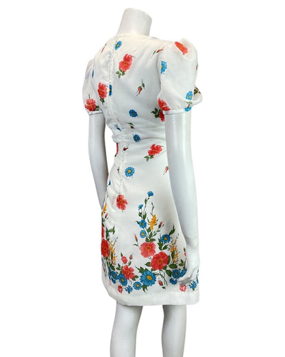 VINTAGE 60s 70s WHITE RED BLUE FLORAL GARDEN SHEER PUFF SLEEVE MOD DRESS 12