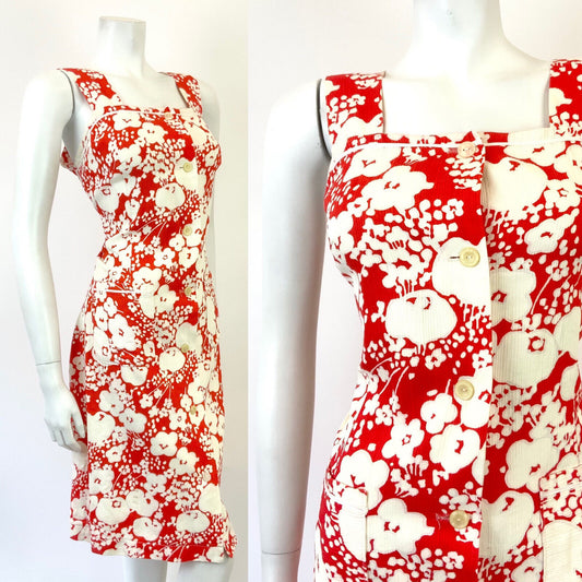 VINTAGE 60s 70s RED WHITE FLORAL PSYCHEDELIC PINAFORE SUMMER SUN DRESS 12