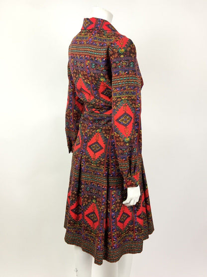 VINTAGE 60s 70s RED GREEN BLACK YELLOW PERSIAN FLORAL WING SHIRT DRESS 10 12