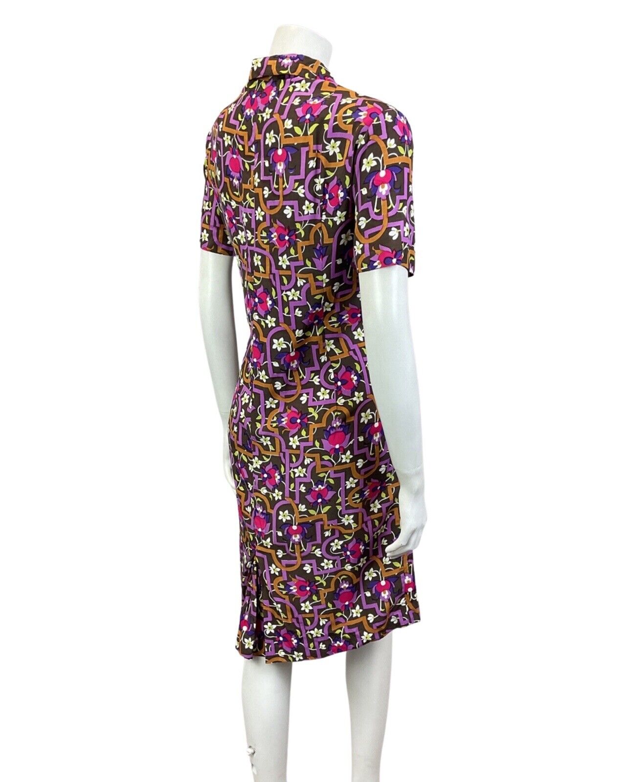 VINTAGE 60s 70s BROWN PURPLE WHITE GEOMETRIC FLORAL SHIRT DRESS 16 18