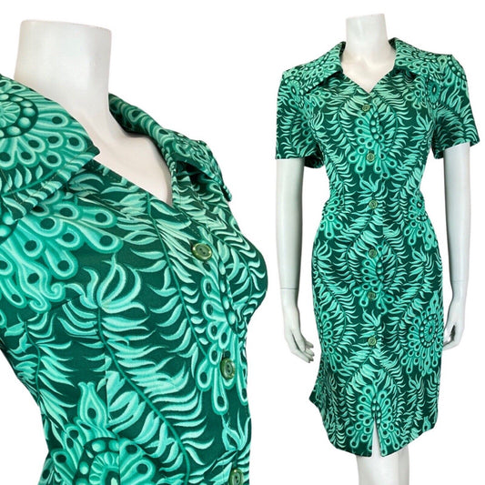 VINTAGE 60s 70s EMERALD GREEN PSYCHEDELIC MANDALA FLORAL DAGGER SHIRT DRESS 16