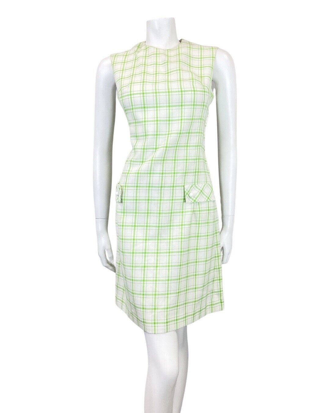 VINTAGE 60s 70s WHITE GREEN GRID CHECKED MOD SLEEVELESS SHIFT DRESS 10 12