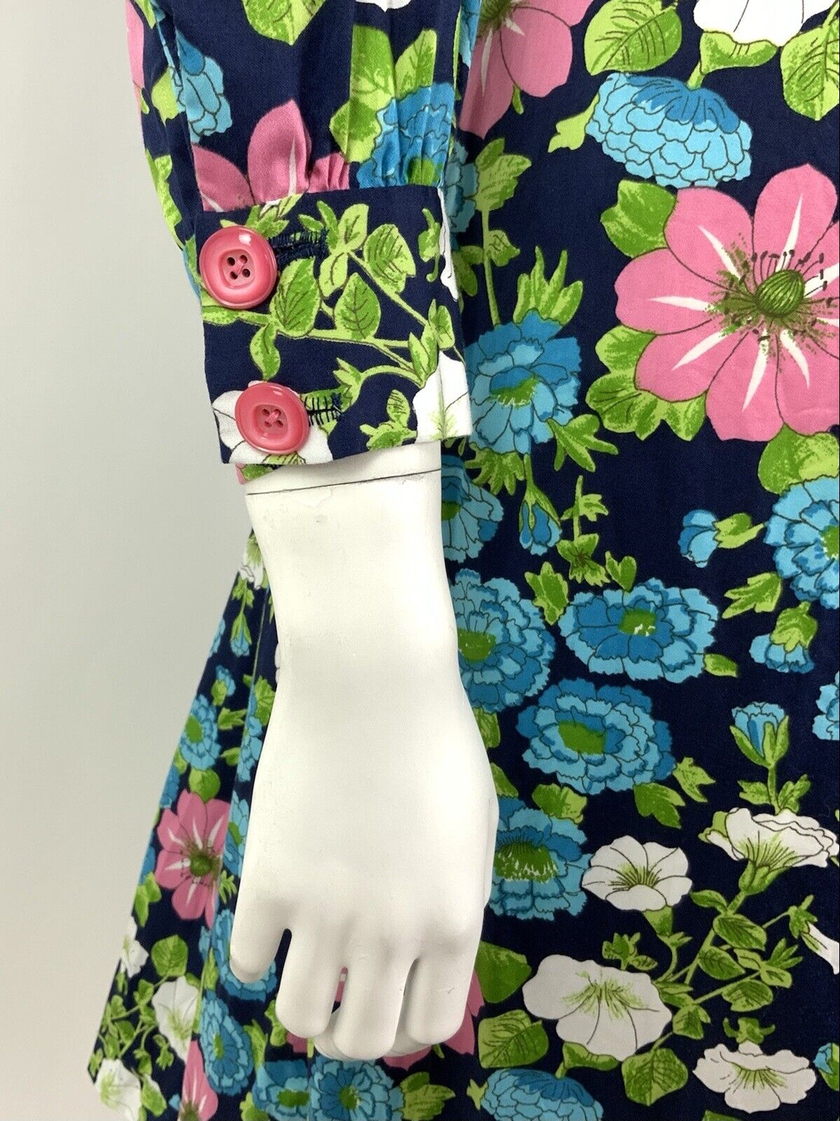 VINTAGE 60s 70s BLUE GREEN PINK WHITE FLORAL DAGGER COLLAR SHIRT DRESS 10 12