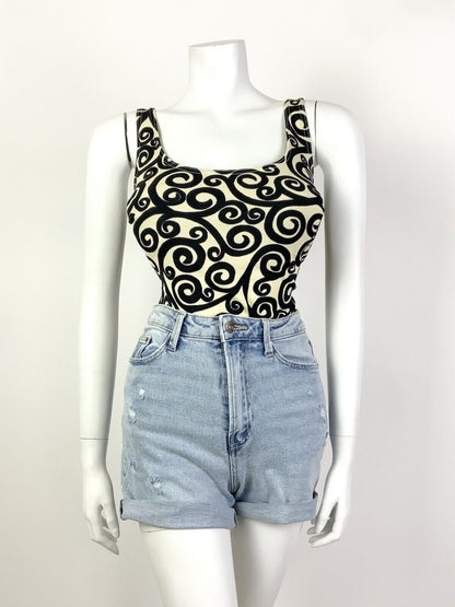 VTG 60s CREAM BLACK SWIRLING SCROLL MOD SWIM BODY BATHING SUIT 12 14