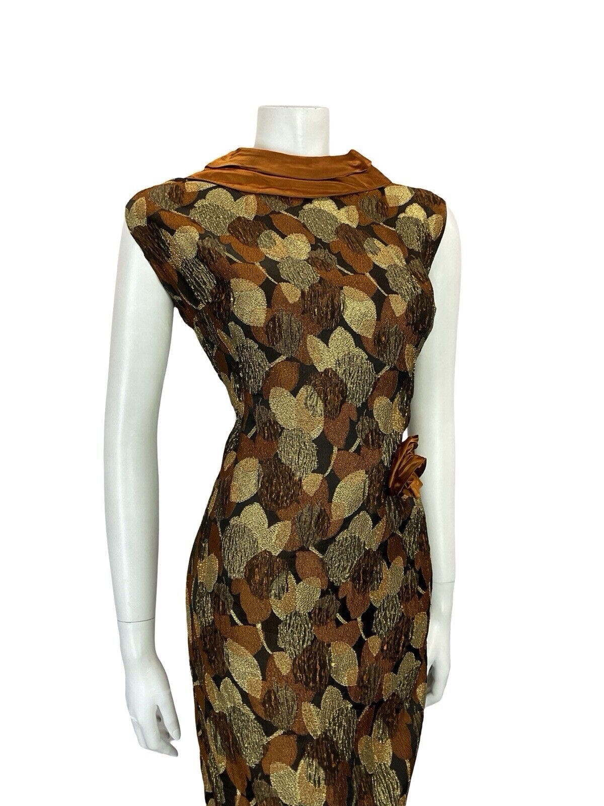 VTG 60S COPPER GOLD BLACK SATIN LEAF BROCADE PLUNGING BACK PARTY DRESS 12 14 M