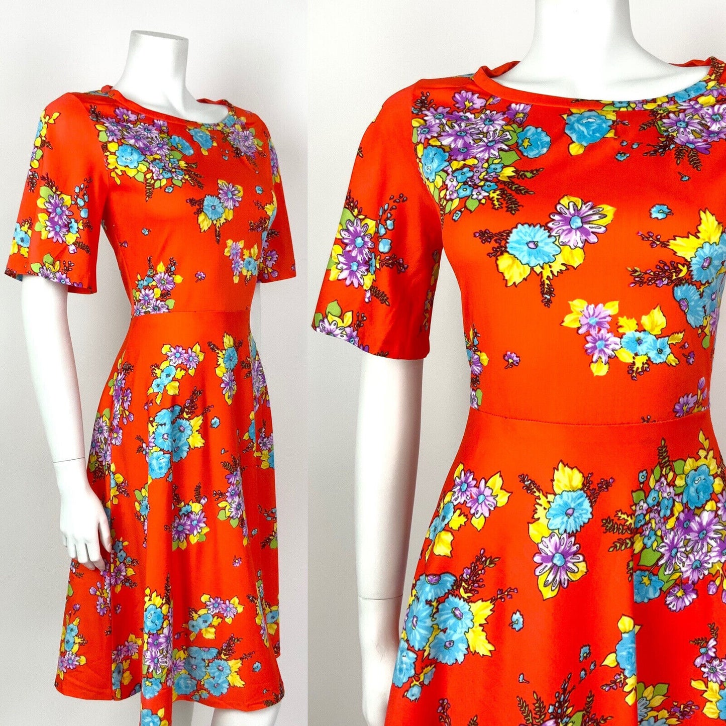VINTAGE 60s 70s ORANGE PURPLE BLUE YELLOW FLORAL SWING SUMMER DRESS 8 10