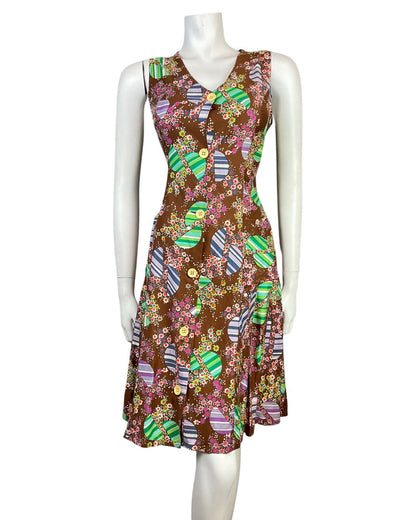 VINTAGE 60s 70s BROWN GREEN PURPLE PSYCHEDELIC DAISY DOTTY MOD DRESS 10 12