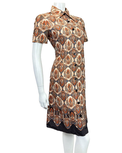 VINTAGE 60s 70s CREAM BLUE ORANGE PSYCHEDELIC FLORAL DAGGER SHIRT DRESS 10 12