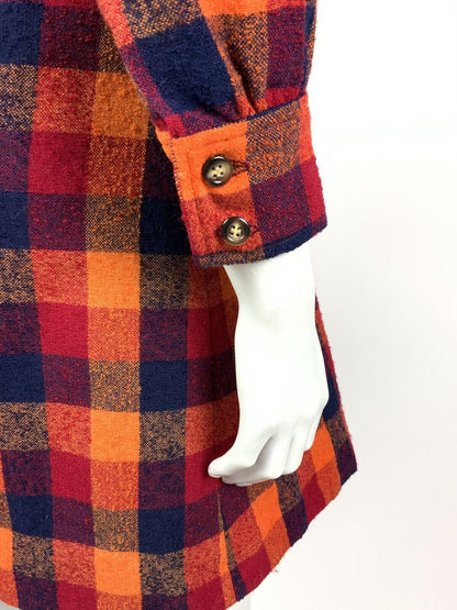 VINTAGE ORANGE RED BLUE CHECKED DAGGER COLLAR MOD WOOL COAT 8 10