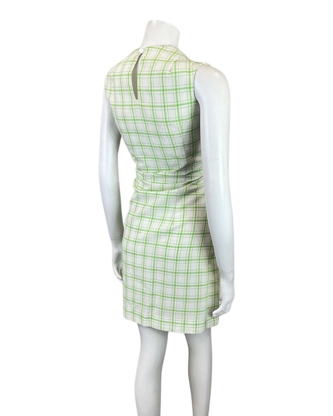 VINTAGE 60s 70s WHITE GREEN GRID CHECKED MOD SLEEVELESS SHIFT DRESS 10 12