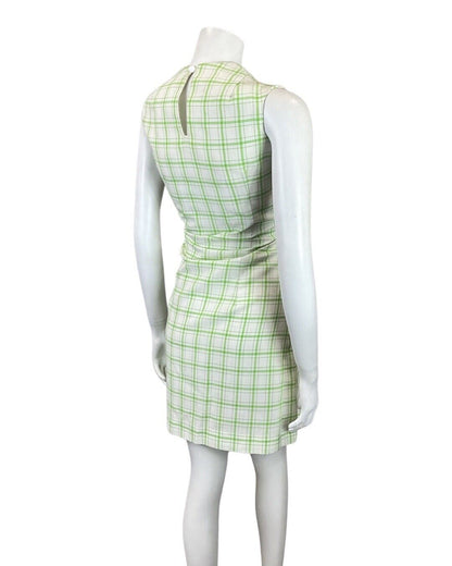 VINTAGE 60s 70s WHITE GREEN GRID CHECKED MOD SLEEVELESS SHIFT DRESS 10 12