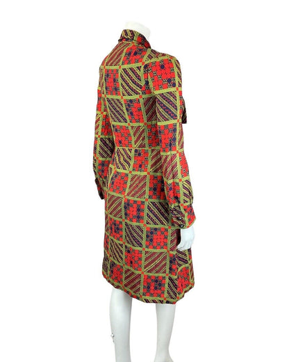 VINTAGE 60s 70s RED GREEN BLACK GEOMETRIC CHECKED PUSSYBOW SHIRT DRESS 8