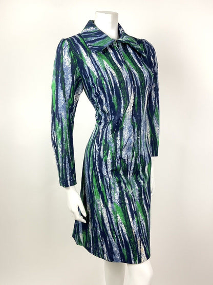 VINTAGE 60s 70s BLUE GREEN WHITE BRUSH STROKE DAGGER COLLAR SHIRT DRESS 12 14