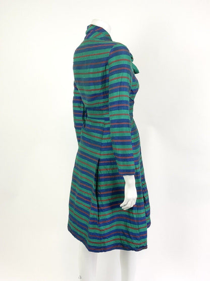 VINTAGE 60s 70s GREEN BLUE RED STRIPED METALLIC PUSSYBOW MOD SILK DRESS 10 12