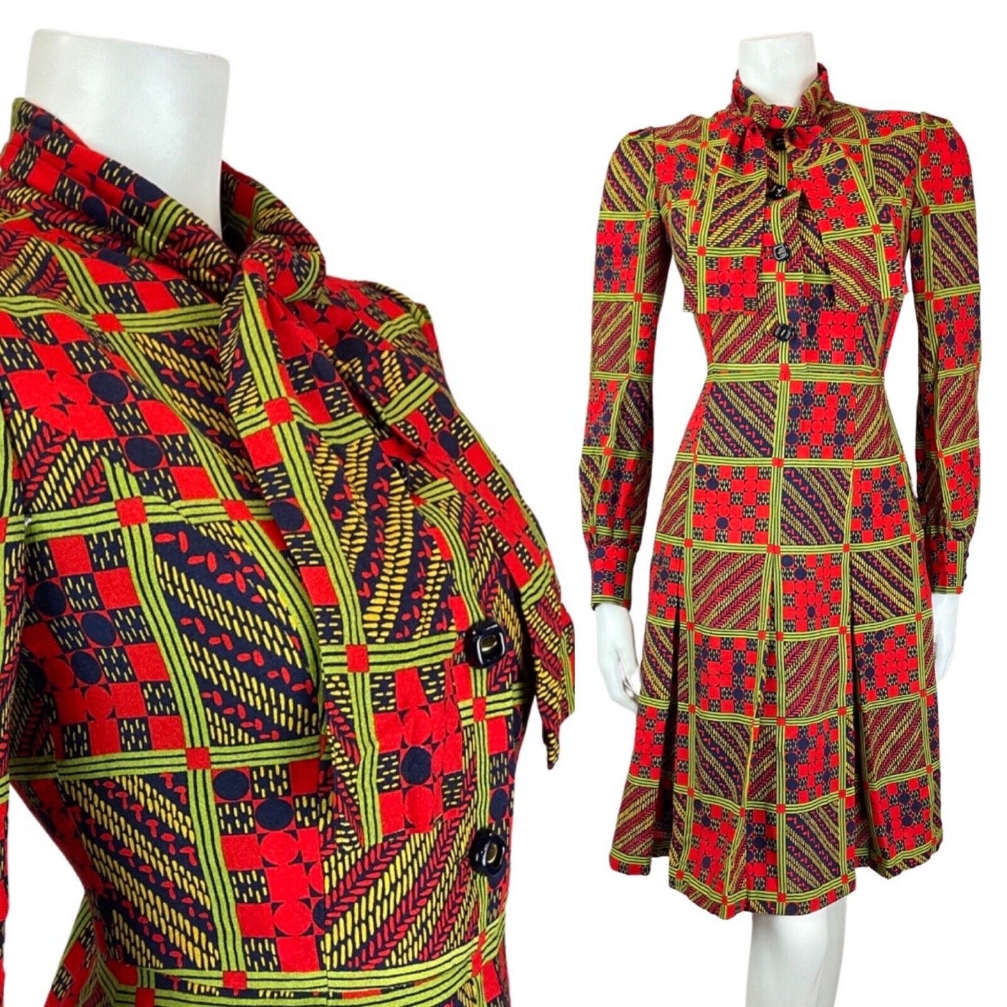 VINTAGE 60s 70s RED GREEN BLACK GEOMETRIC CHECKED PUSSYBOW SHIRT DRESS 8