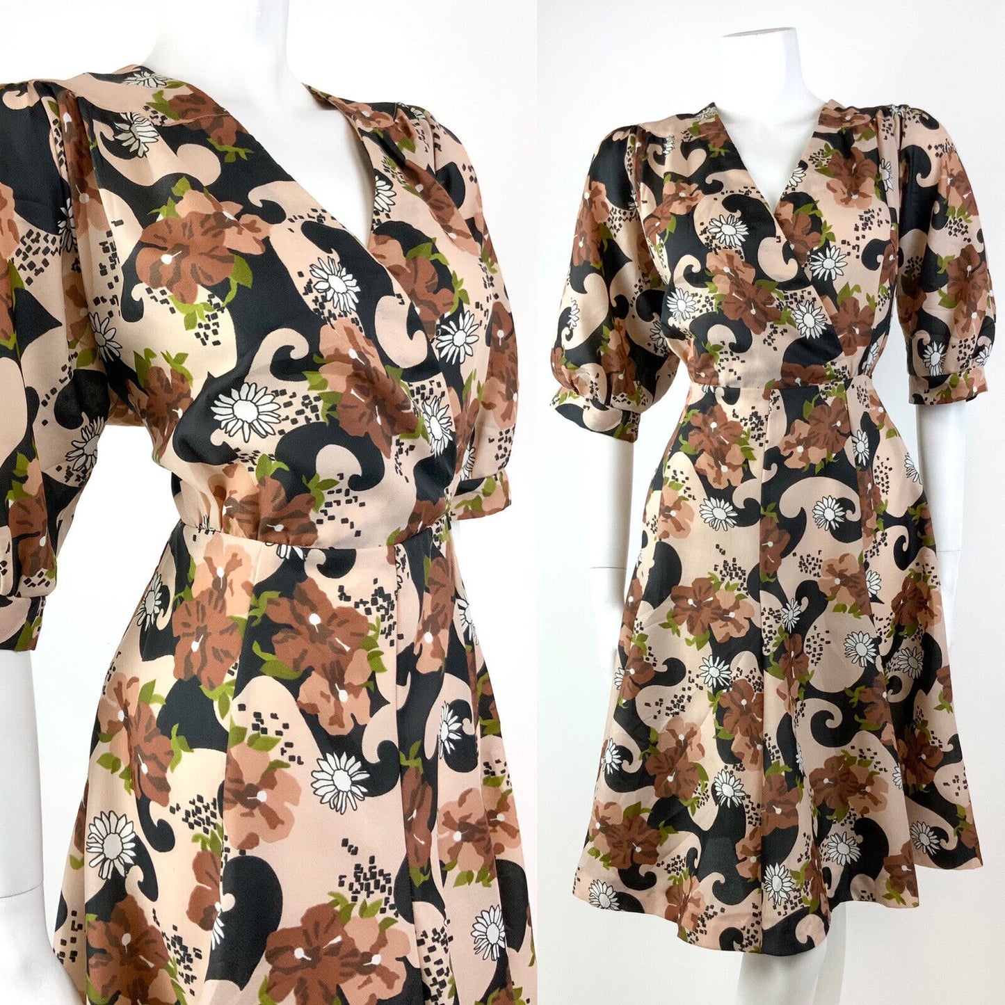 VTG 60s 70s CREAM BLACK BROWN GREEN PSYCHEDELIC FLORAL BLOUSON SWING DRESS 12