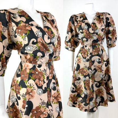 VTG 60s 70s CREAM BLACK BROWN GREEN PSYCHEDELIC FLORAL BLOUSON SWING DRESS 12
