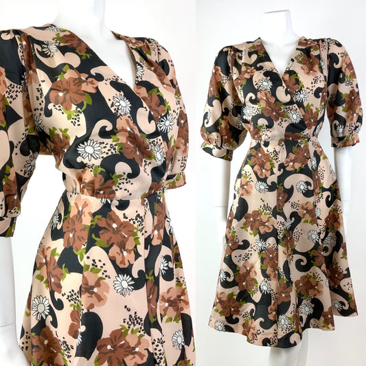 VTG 60s 70s CREAM BLACK BROWN GREEN PSYCHEDELIC FLORAL BLOUSON SWING DRESS 12