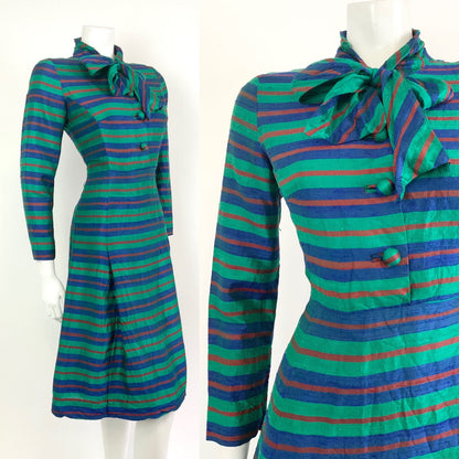 VINTAGE 60s 70s GREEN BLUE RED STRIPED METALLIC PUSSYBOW MOD SILK DRESS 10 12