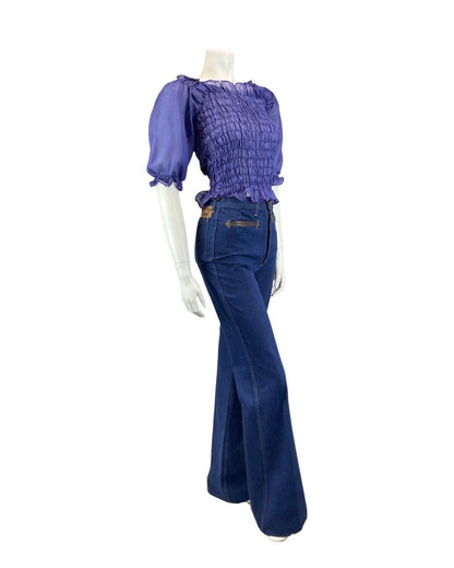 VINTAGE 60s 70s VIOLET PURPLE SHEER SHIRRED BOHO MOD BLOUSE TOP 8 10