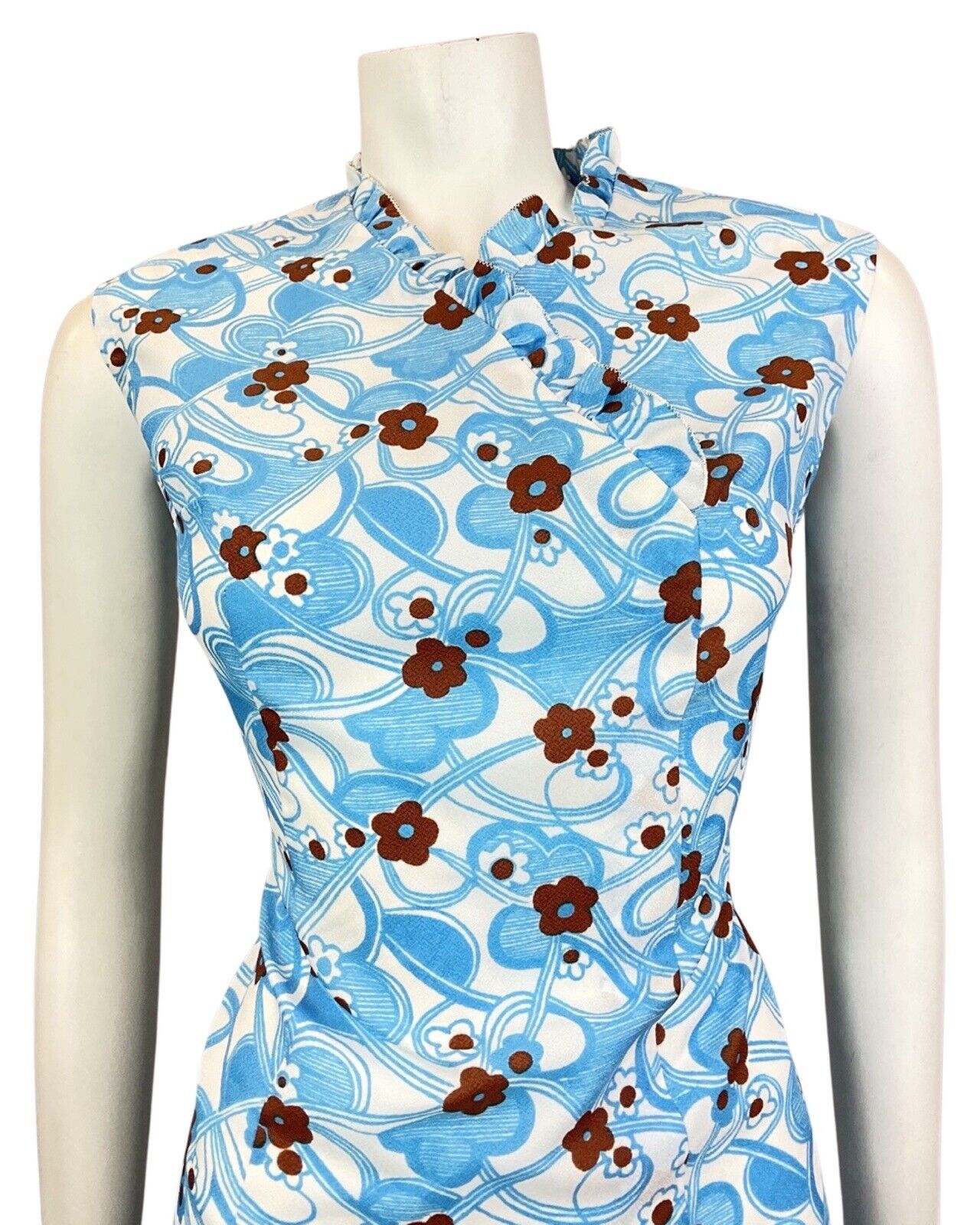 VINTAGE 60s 70s BLUE WHITE BROWN PSYCHEDELIC DAISY FLOWER MOD WIGGLE DRESS 14 16