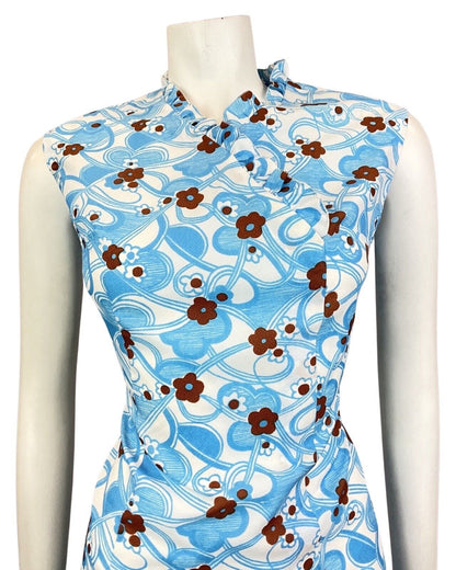 VINTAGE 60s 70s BLUE WHITE BROWN PSYCHEDELIC DAISY FLOWER MOD WIGGLE DRESS 14 16