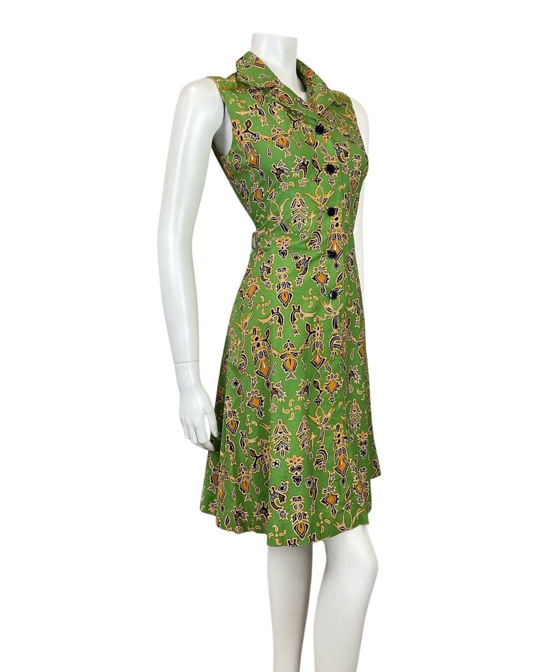 VINTAGE 60s 70s GREEN BLACK GOLD ABSTRACT FLORAL MOD DAGGER SHIRT DRESS 8 10